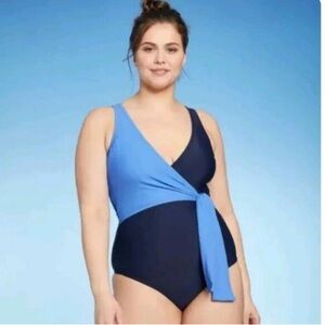 Kona Sol blue color block medium coverage swim suit